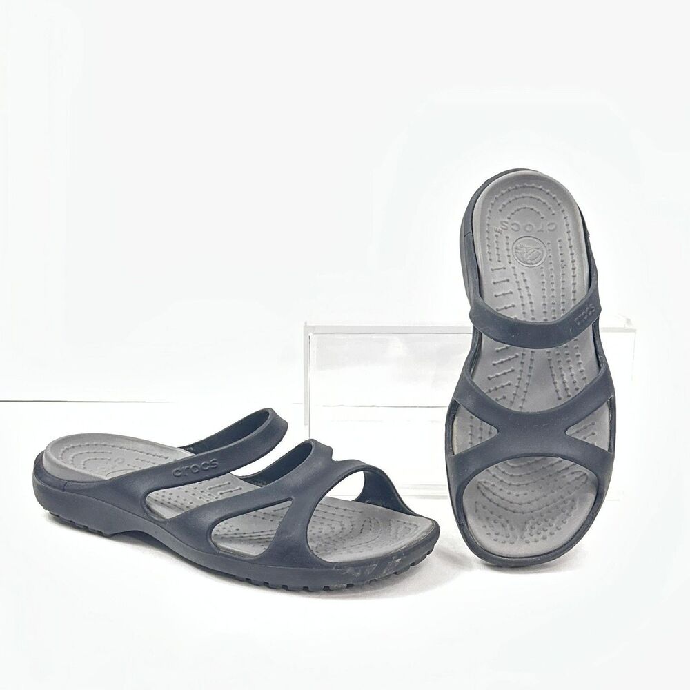 Crocs Sandals Womens 7 Black Meleen Slide Strappy Slip On Comfort Shoes 11853